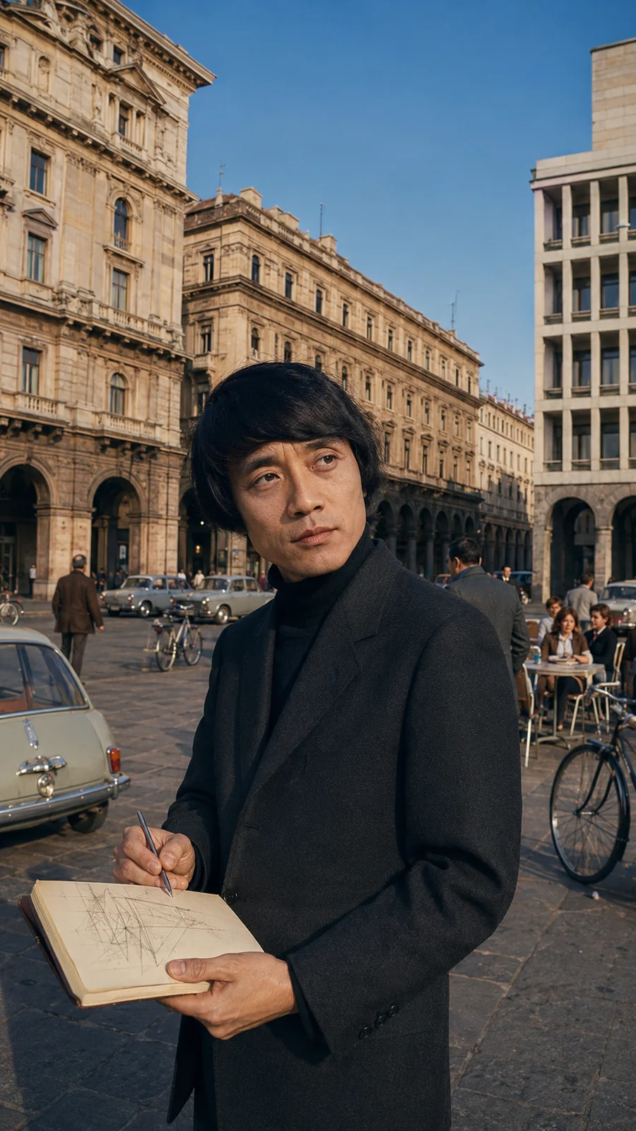 Tadao Ando depicted studying European buildings. AI-generated artistic recreation; not a historical photograph.