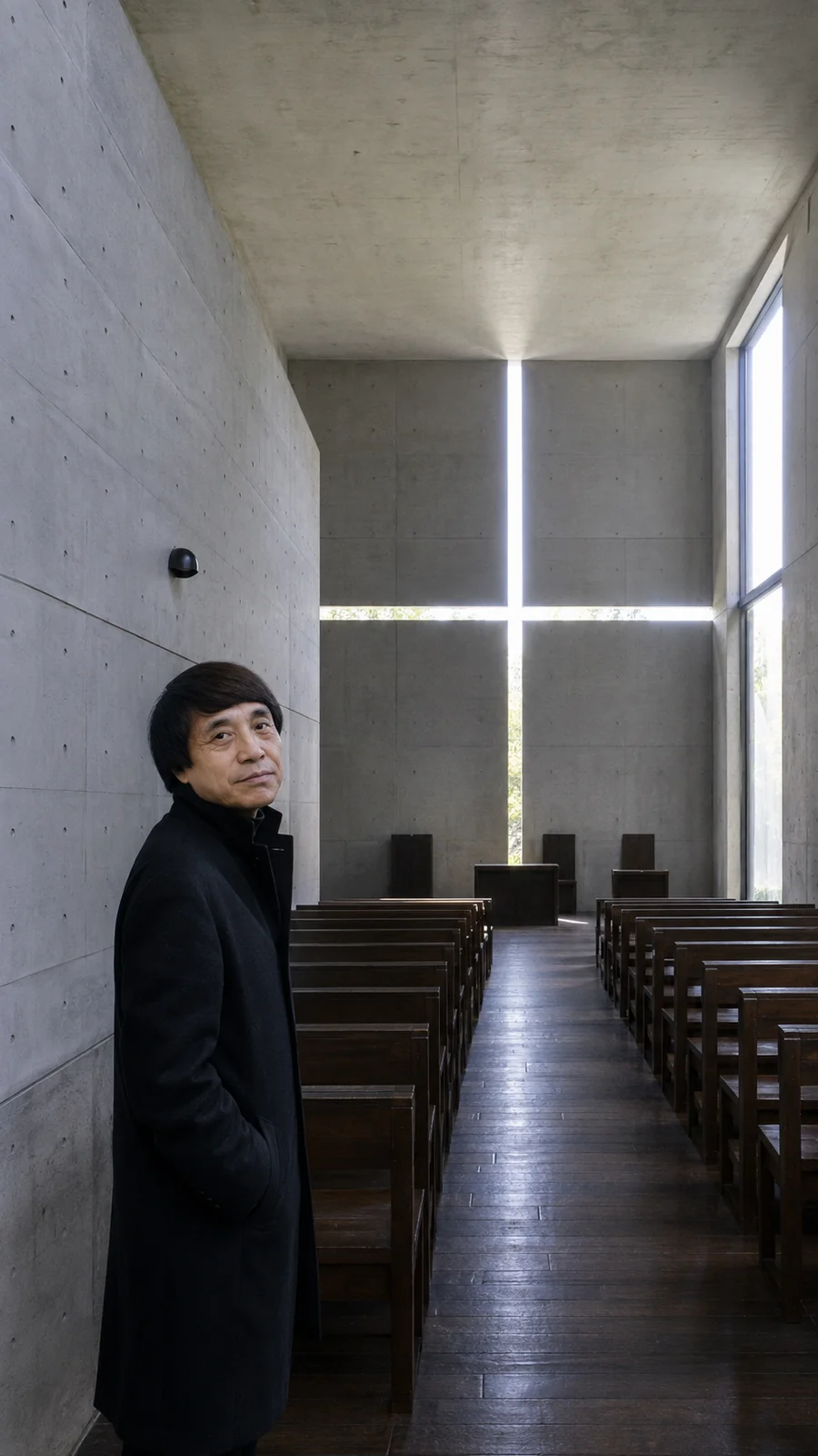 Artistic recreation of Tadao Ando in an interior inspired by the Church of the Light. AI-generated artistic recreation; not a historical photograph.