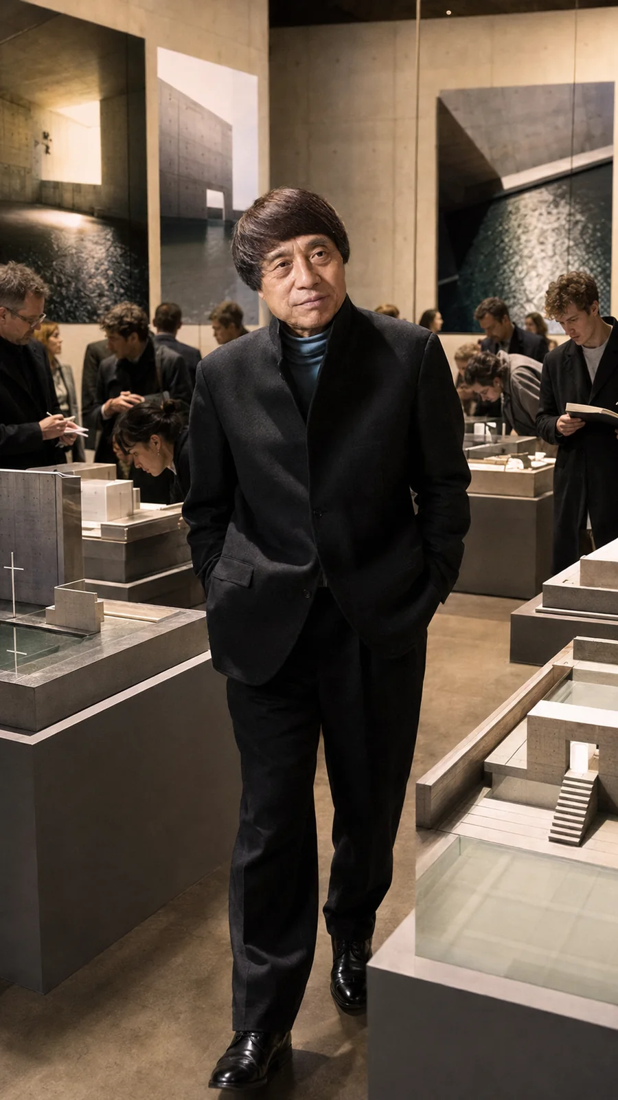 Tadao Ando depicted at an architecture exhibition. AI-generated artistic recreation; not a historical photograph.