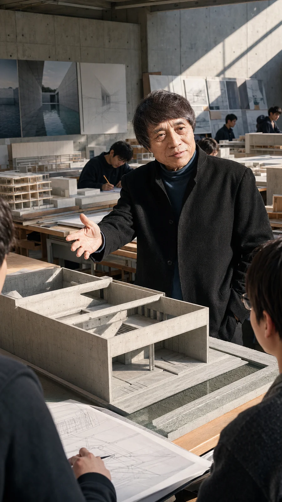Recreation of Tadao Ando working with models. AI-generated artistic recreation; not a historical photograph.