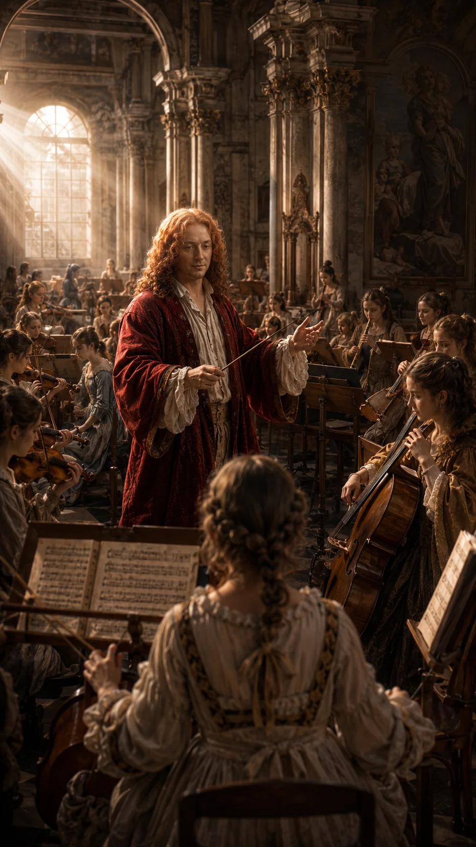 Antonio Vivaldi: Ilustración generada con IA; representación artística, no documento histórico.
