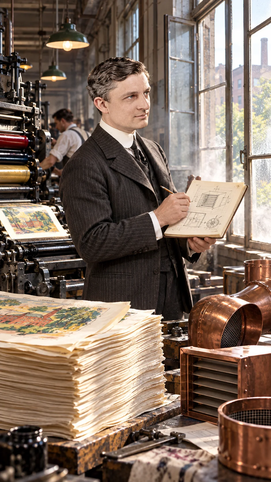 Willis Carrier: AI-generated illustration; an artistic representation, not a historical document.